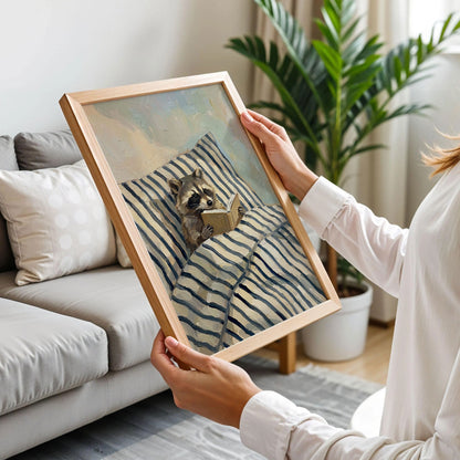 Raccoon Reading in Bed Poster