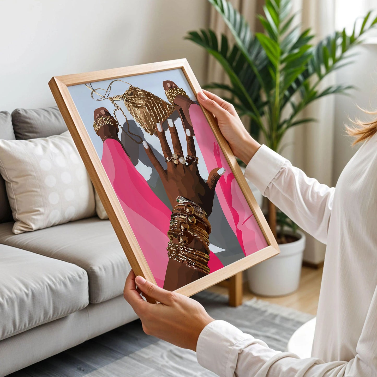 Black Women With Pink Rose Wall Art