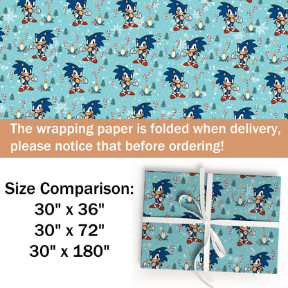 Blue Hedgehog Xmas Holiday Gift Wrap Roll
