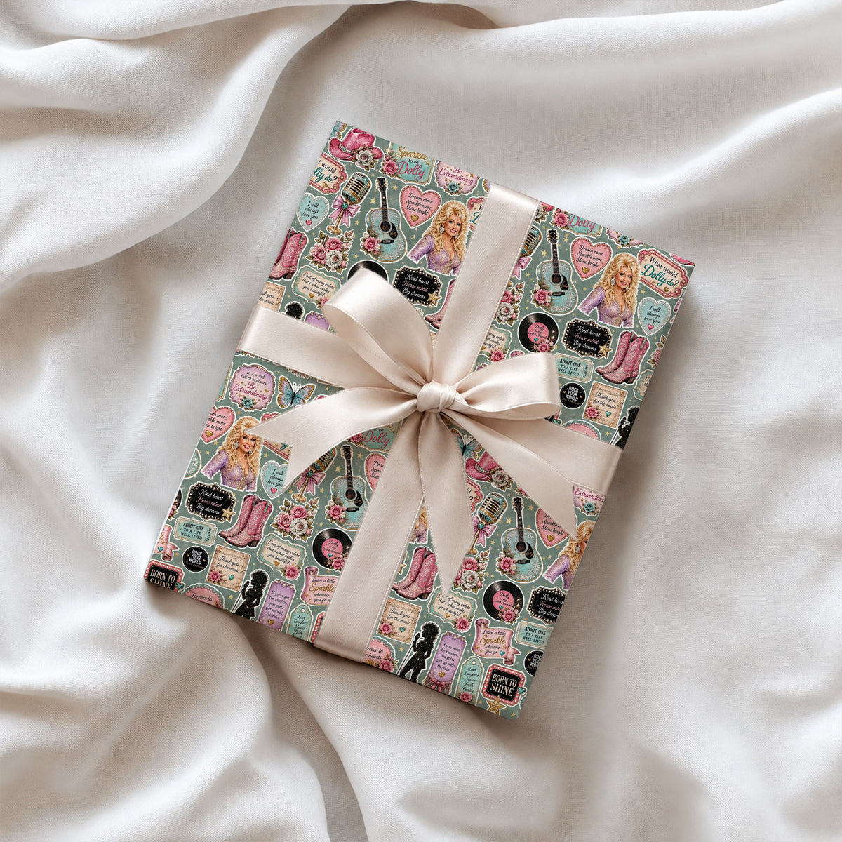 Retro Sticker Dolly Parton Wrapping Paper – Christmas Gift Wrap for Fans
