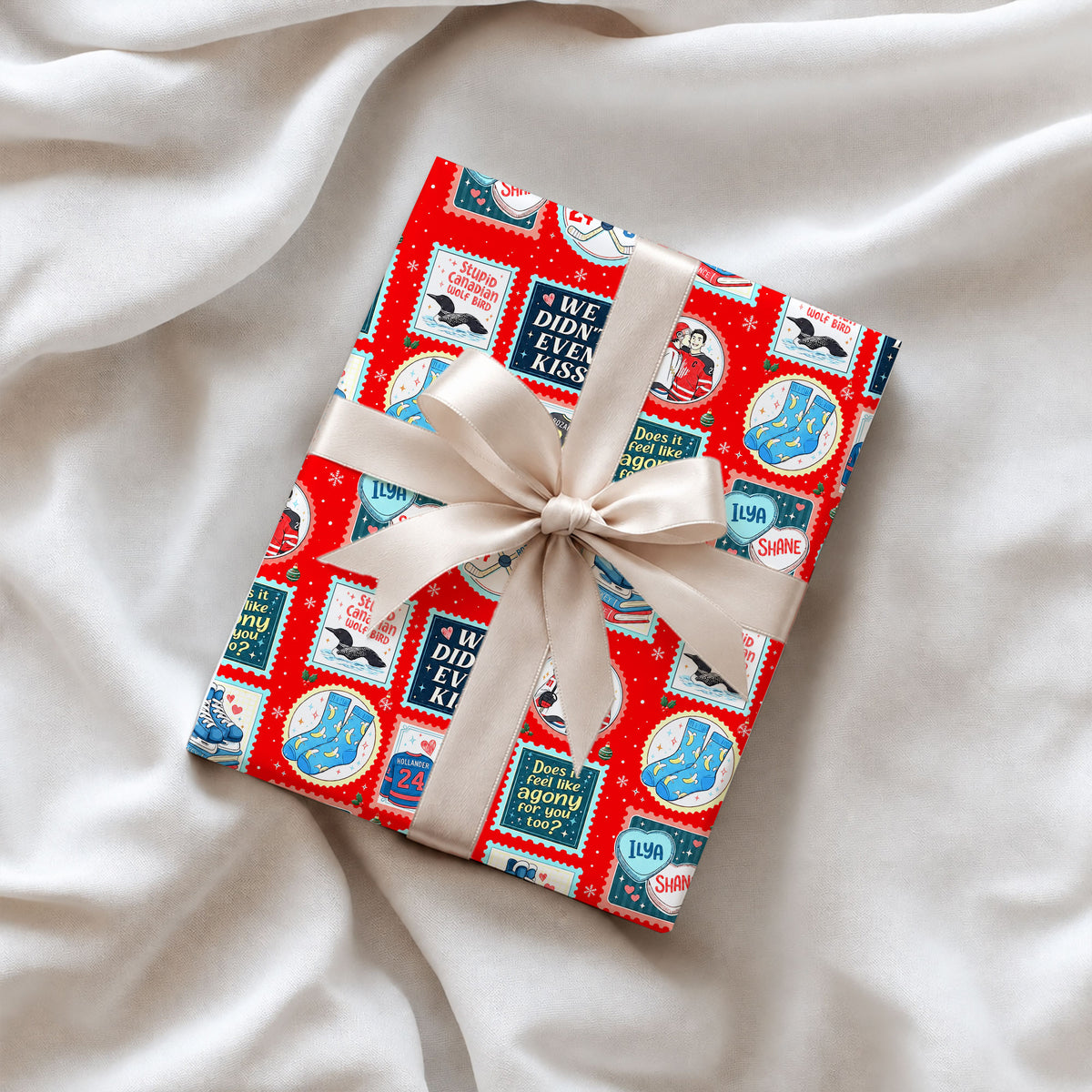 Red Stamps Heated Rivalry Wrapping Paper – Hockey Romance Gift Wrap for Fans