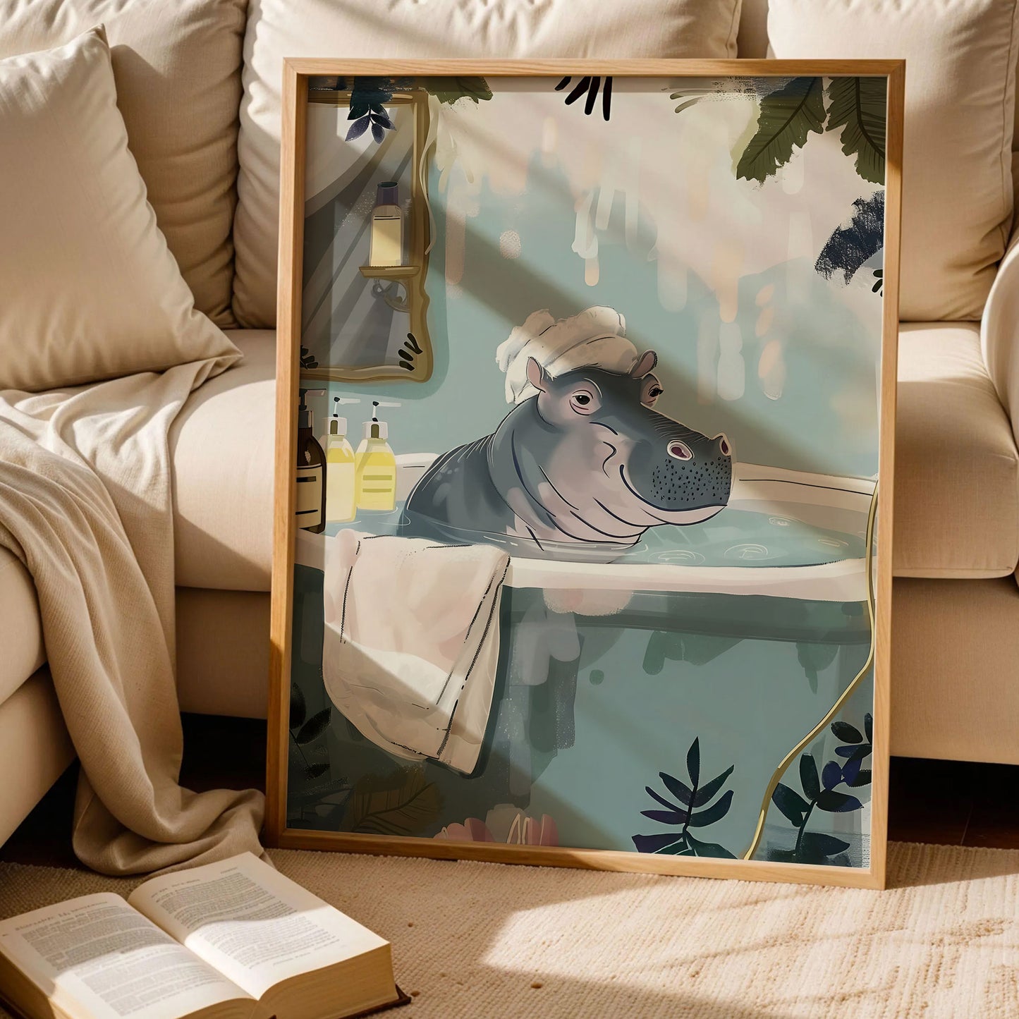 Hippo in Bathtub Bathroom Print Art
