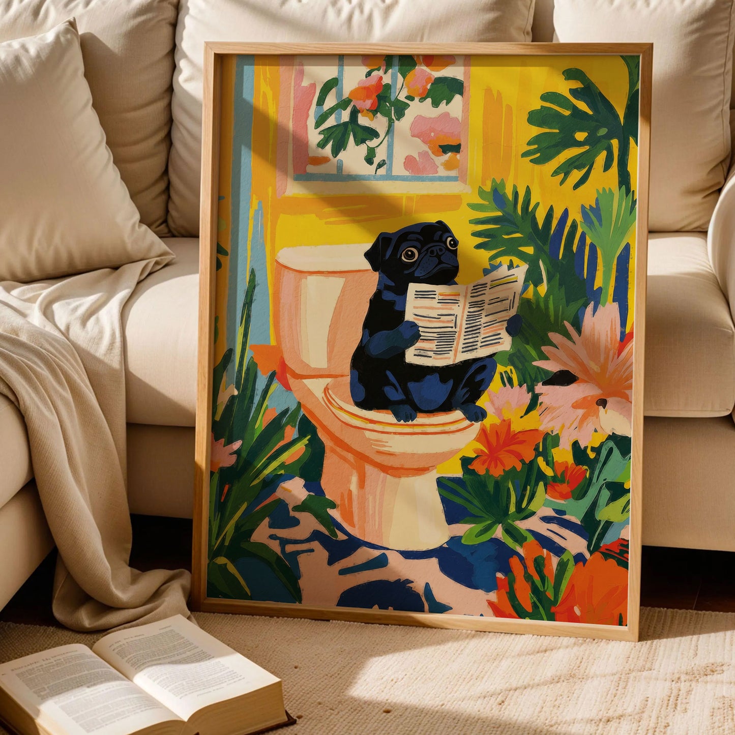 Black Pug On a Toilet Print