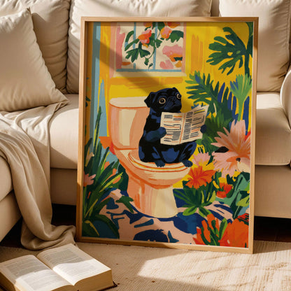 Black Pug On a Toilet Print