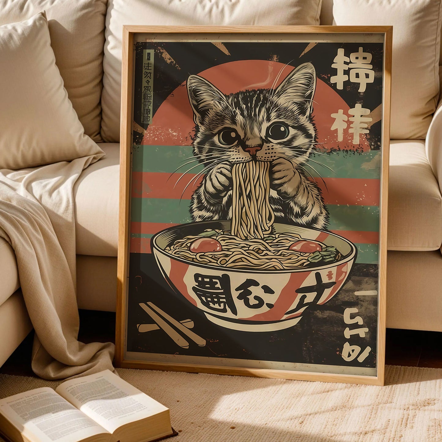 Black Cat Eating Noodles Poster