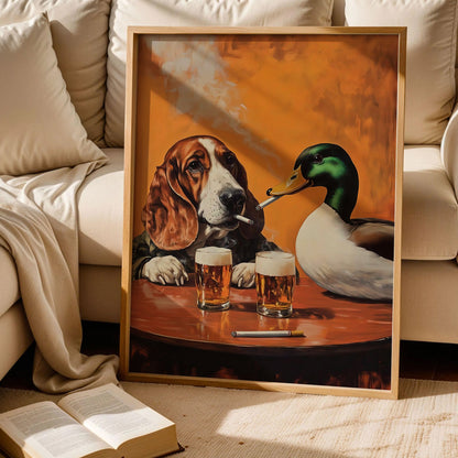 Basset Hound and Mallard Duck Smoking Cigarettes Art