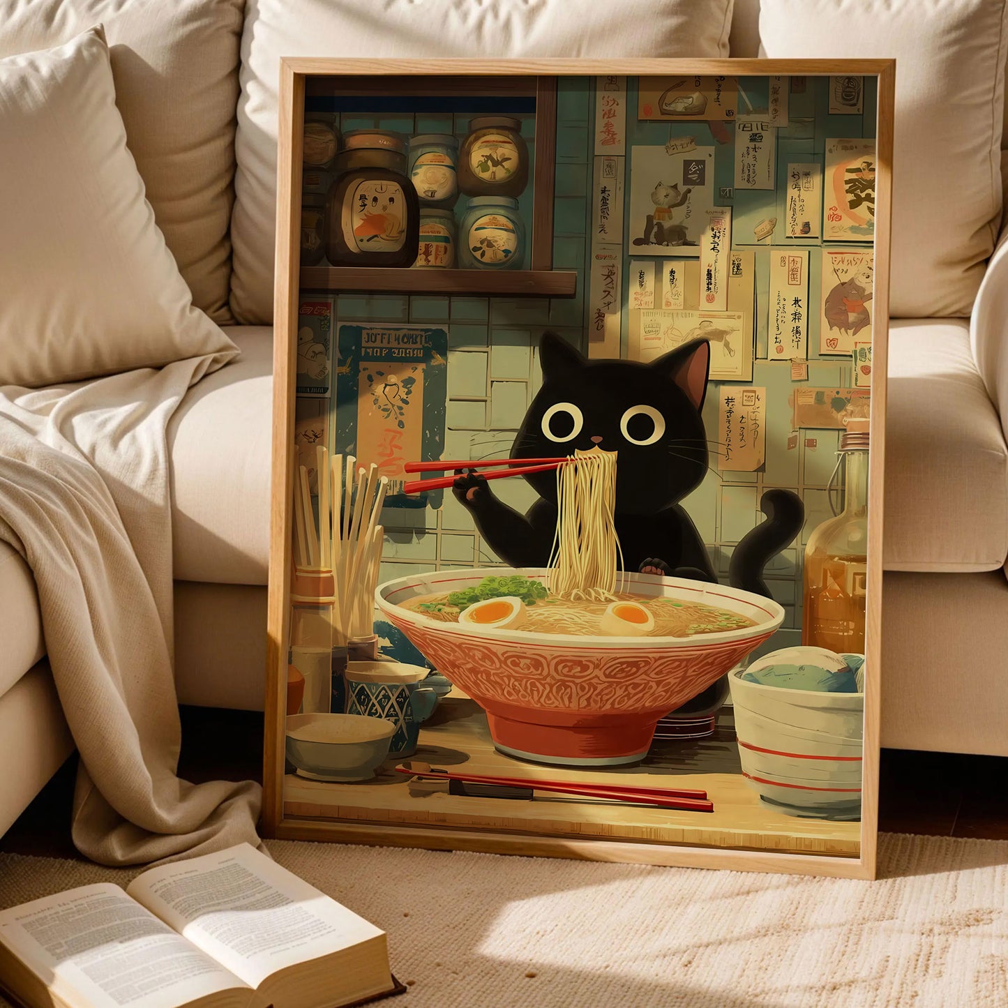 Black Cat Ramen Japanese Art Print