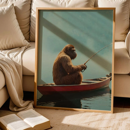 Funny Bigfoot Fishing in Canoe Print Art