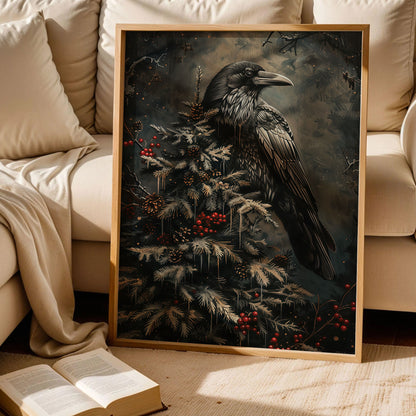 Dark Raven Holiday Tree Art Print
