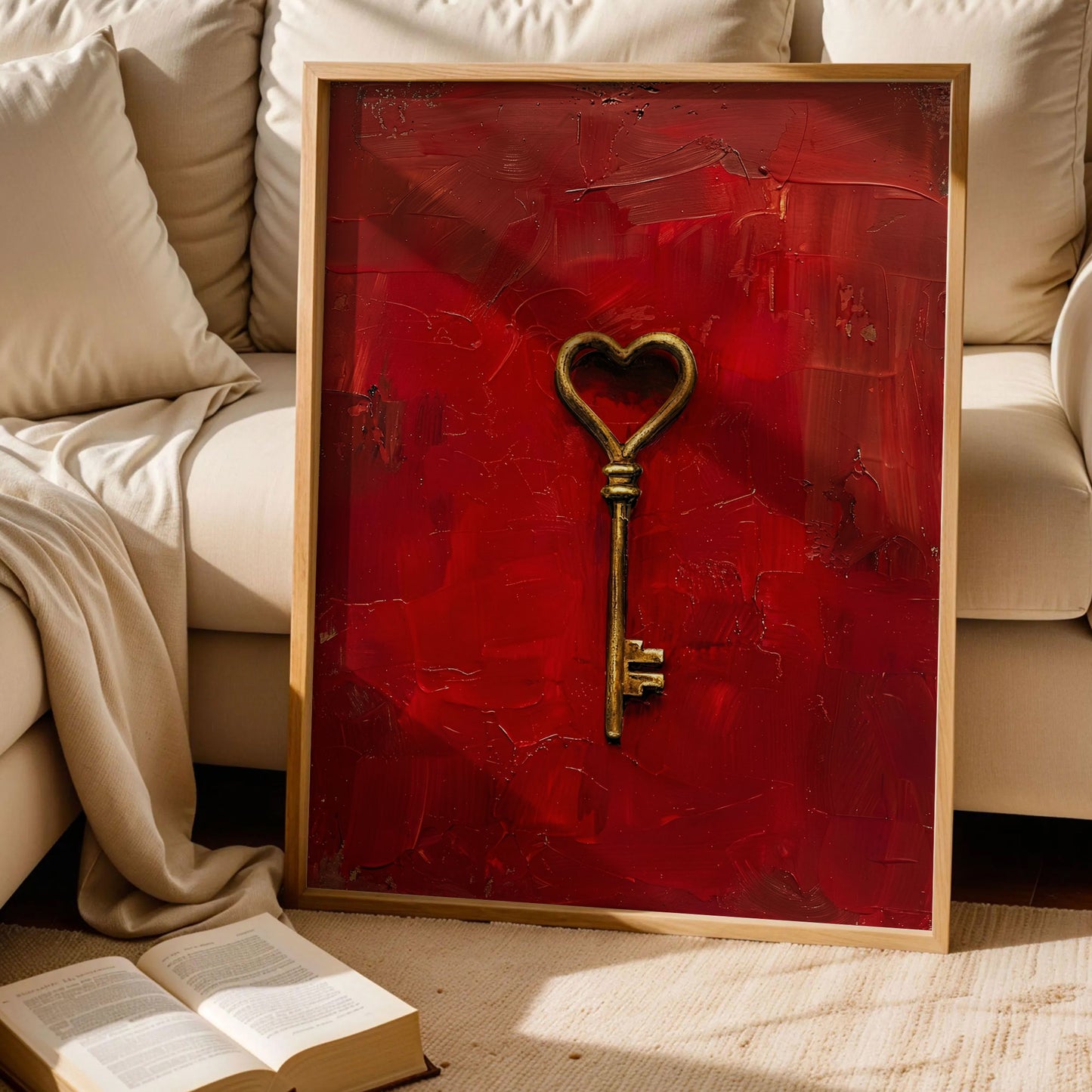Gold Heart Key on Red Art