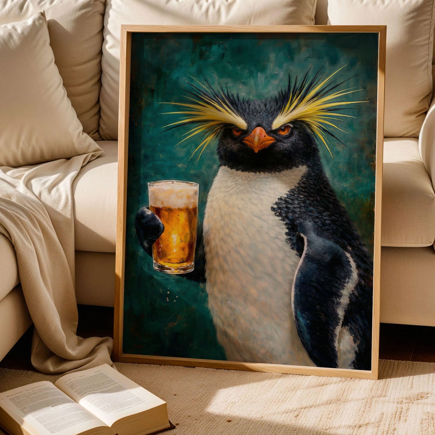 Quirky Penguin Holding Beer Poster