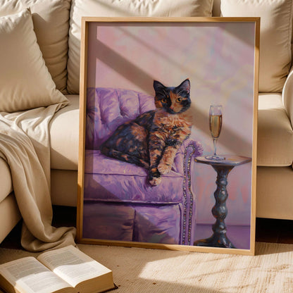 Tortoiseshell Cat with Champagne Art Print