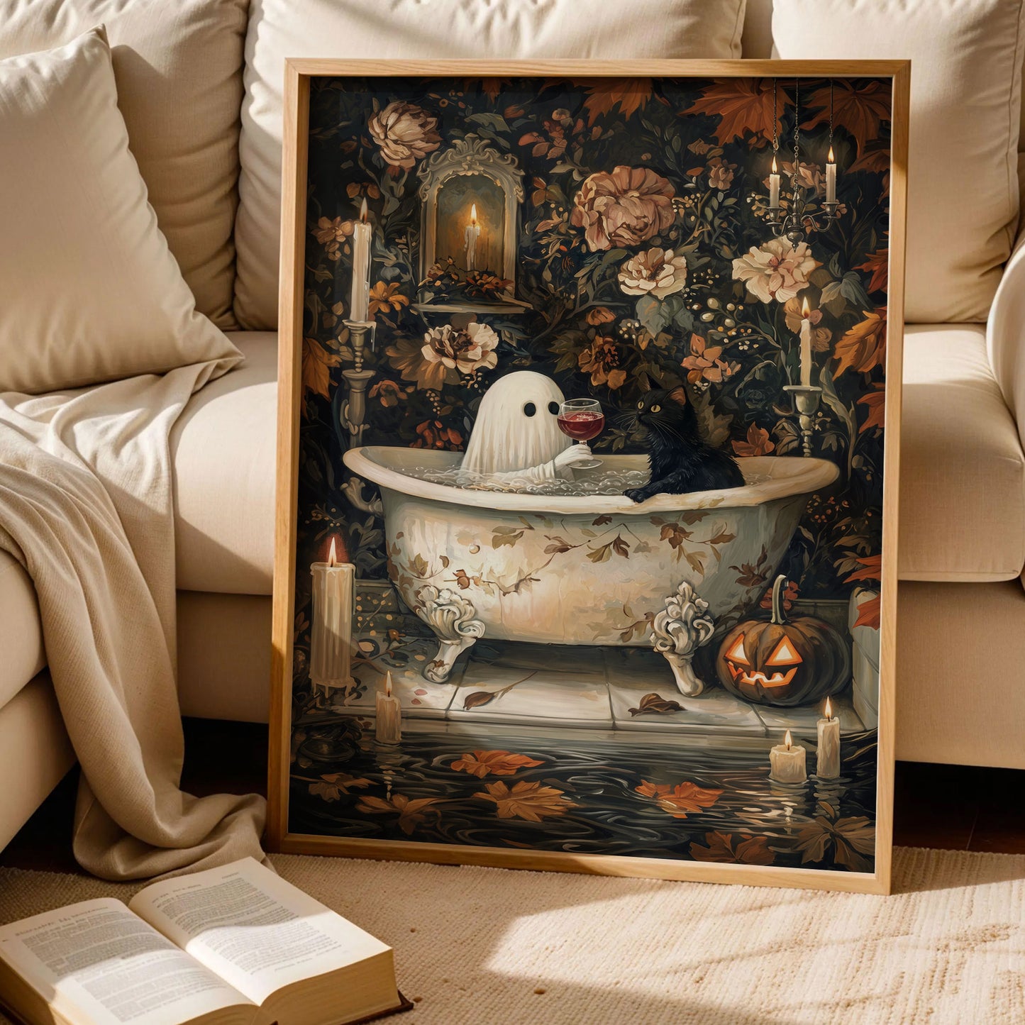 Ghost and Wine with Cat in Bathtub Poster