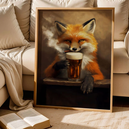 Red Fox Drinking Beer And Smoking Bar Poster