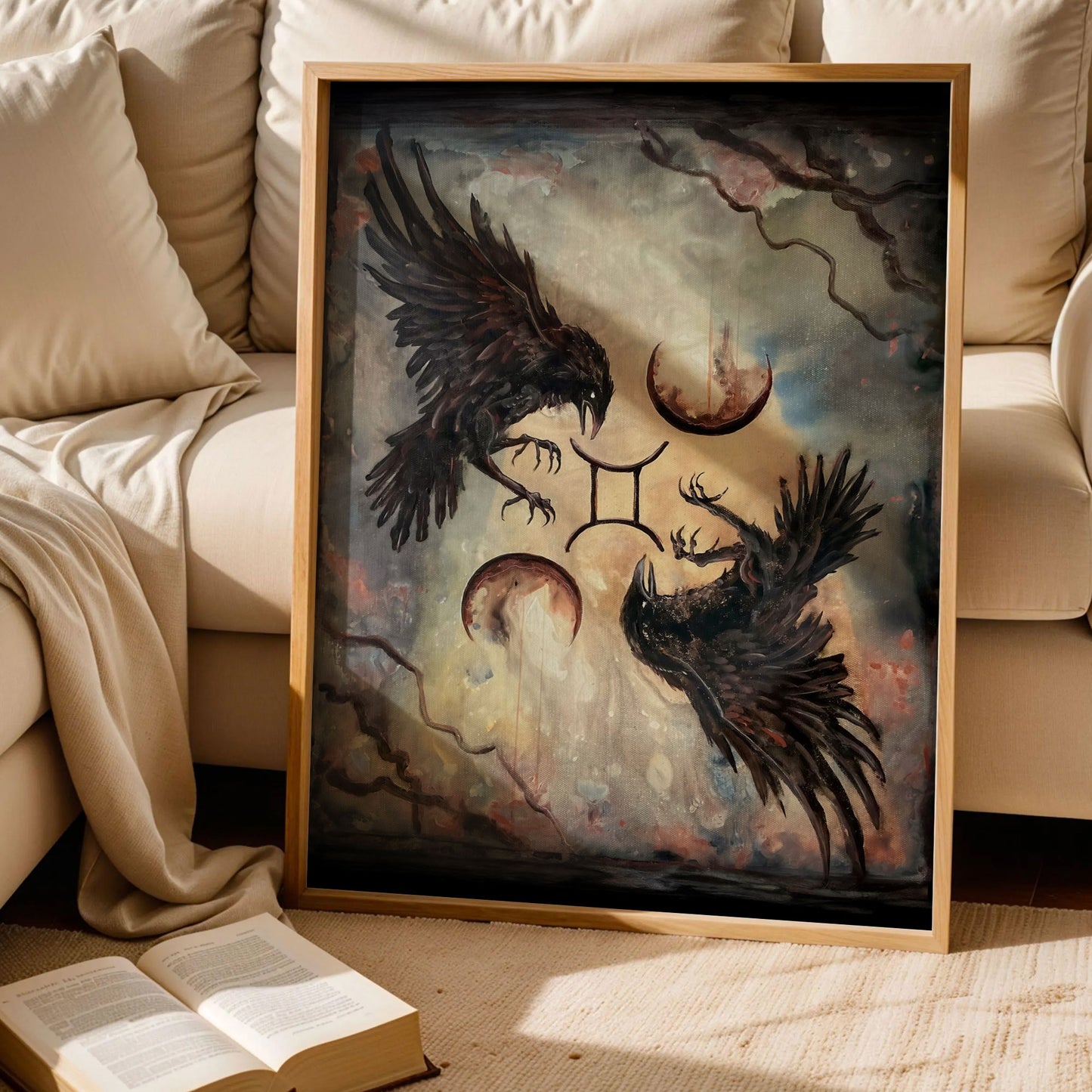 Two Crows Flying with Star Sign Surreal Moons Poster