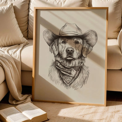 Golden Retriever Cowboy Sketch Print