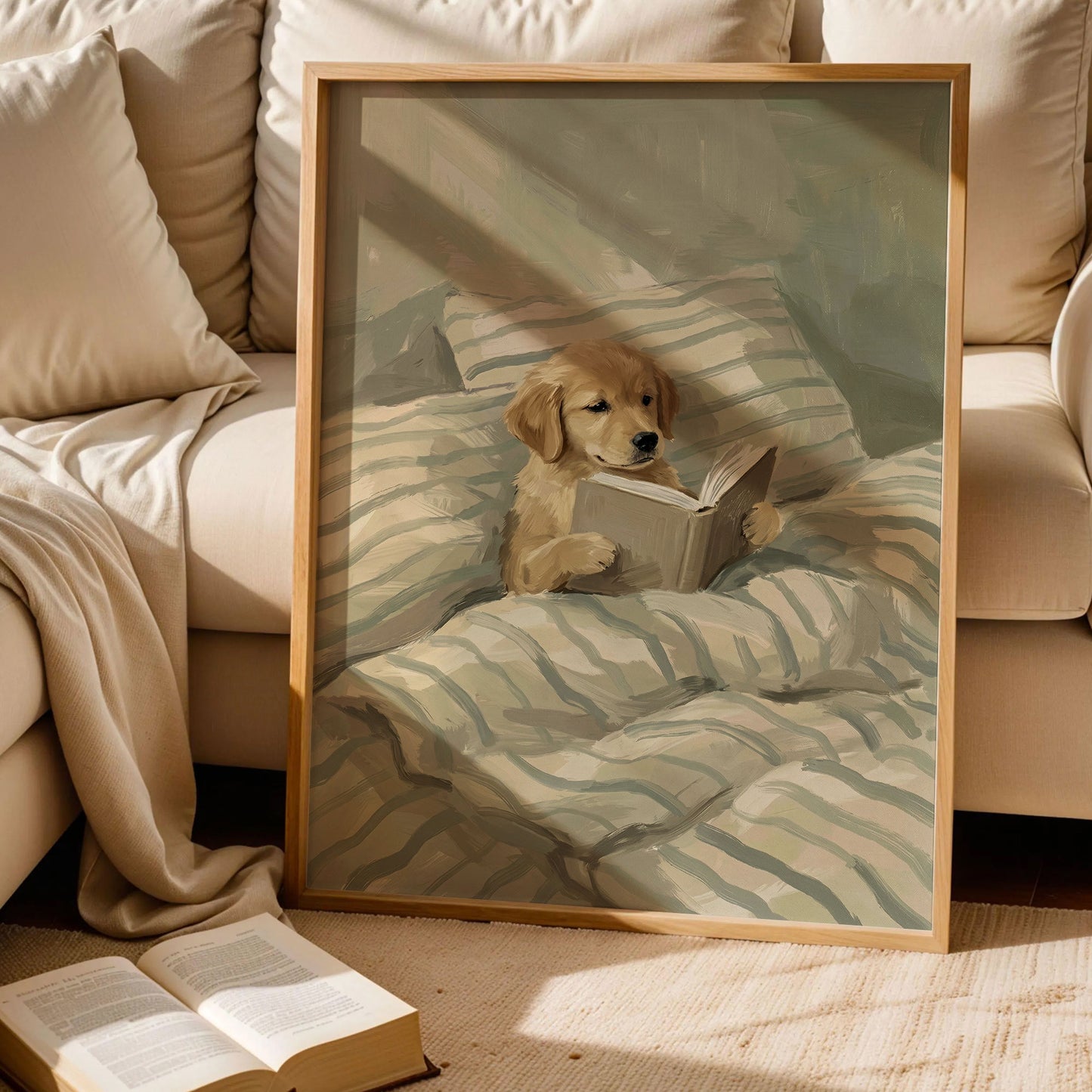Cute Dog Reading Book in Bed Post
