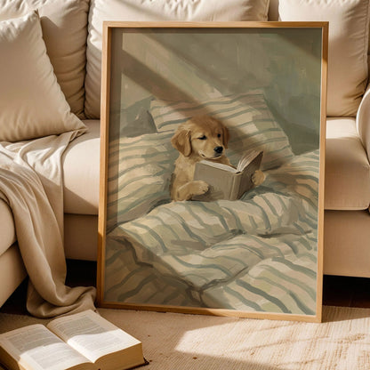 Cute Dog Reading Book in Bed Post