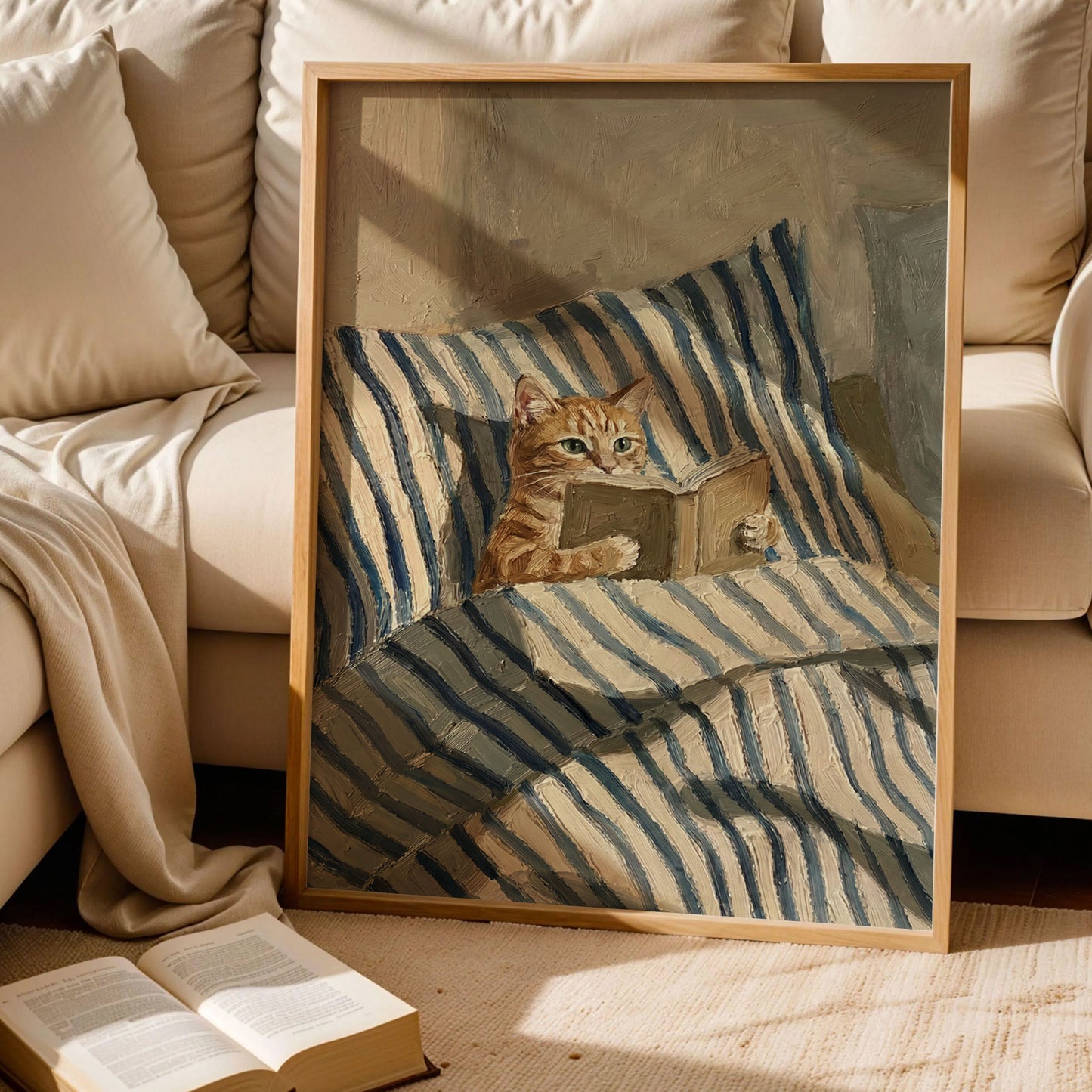Orange Ginger Cat Reading Book in Bed Poster