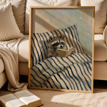 Raccoon Reading in Bed Poster
