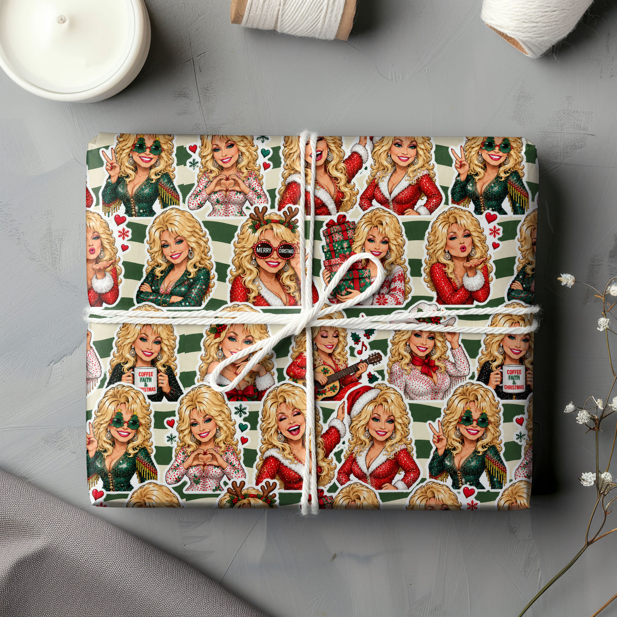 Green Stripe Dolly Parton Wrapping Paper – Christmas Gift Wrap for Fans
