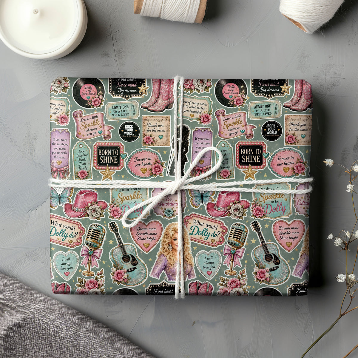 Retro Sticker Dolly Parton Wrapping Paper – Christmas Gift Wrap for Fans