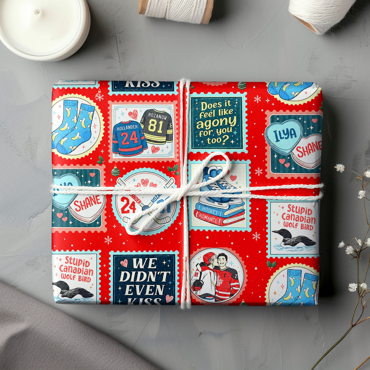 Red Stamps Heated Rivalry Wrapping Paper – Hockey Romance Gift Wrap for Fans