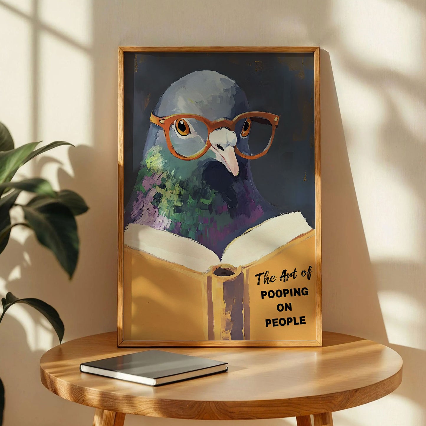 Humorous Pigeon Reading The Art of Pooping on People Poster
