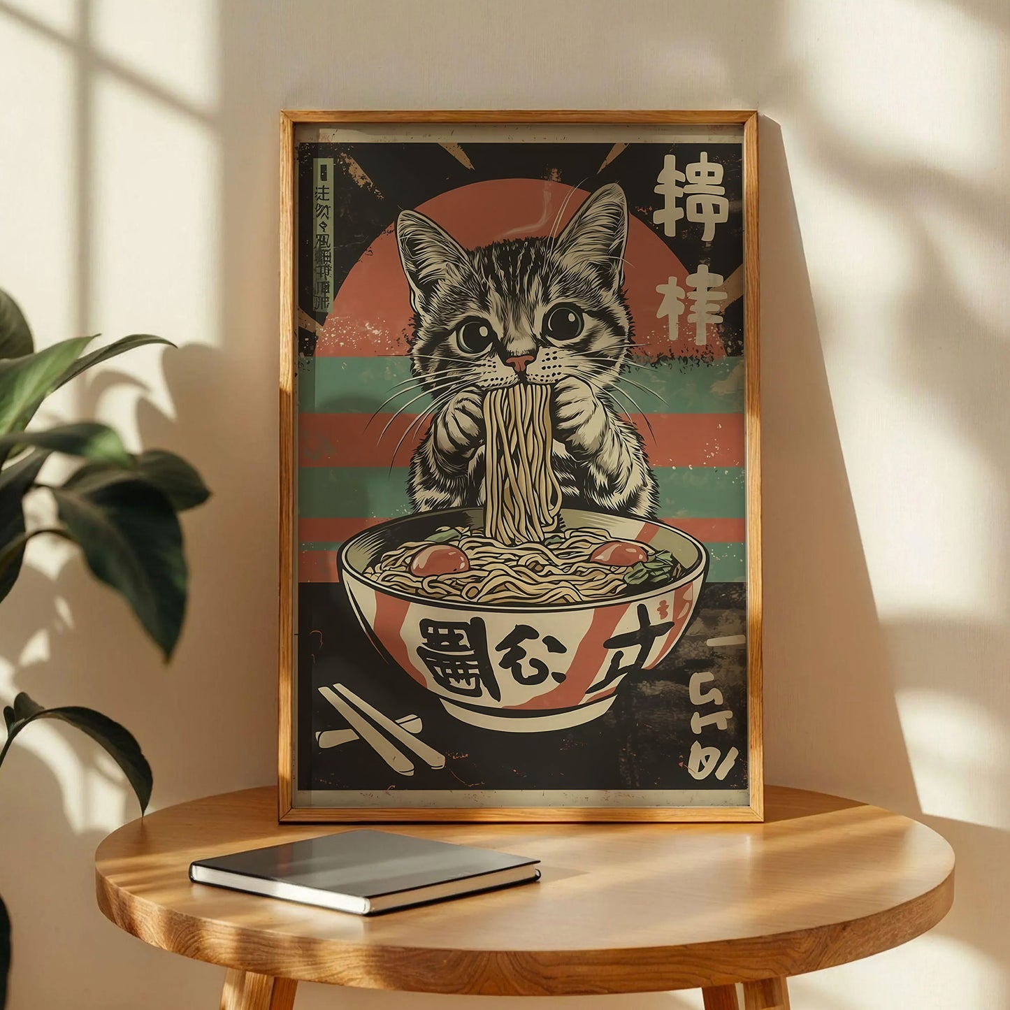 Black Cat Eating Noodles Poster