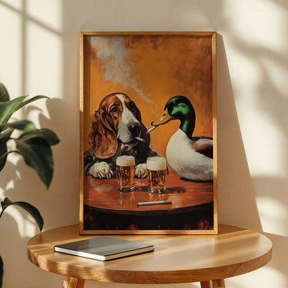 Basset Hound and Mallard Duck Smoking Cigarettes Art