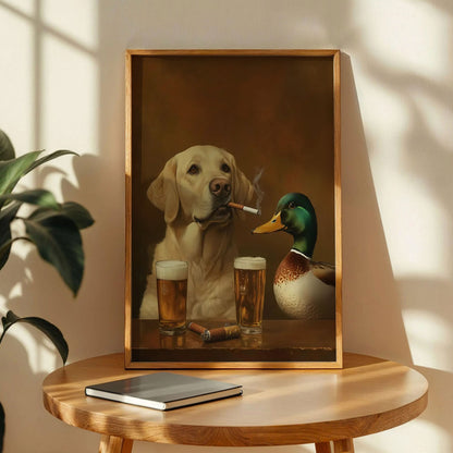 A Labrador Retriever and a Mallard Duck Poster