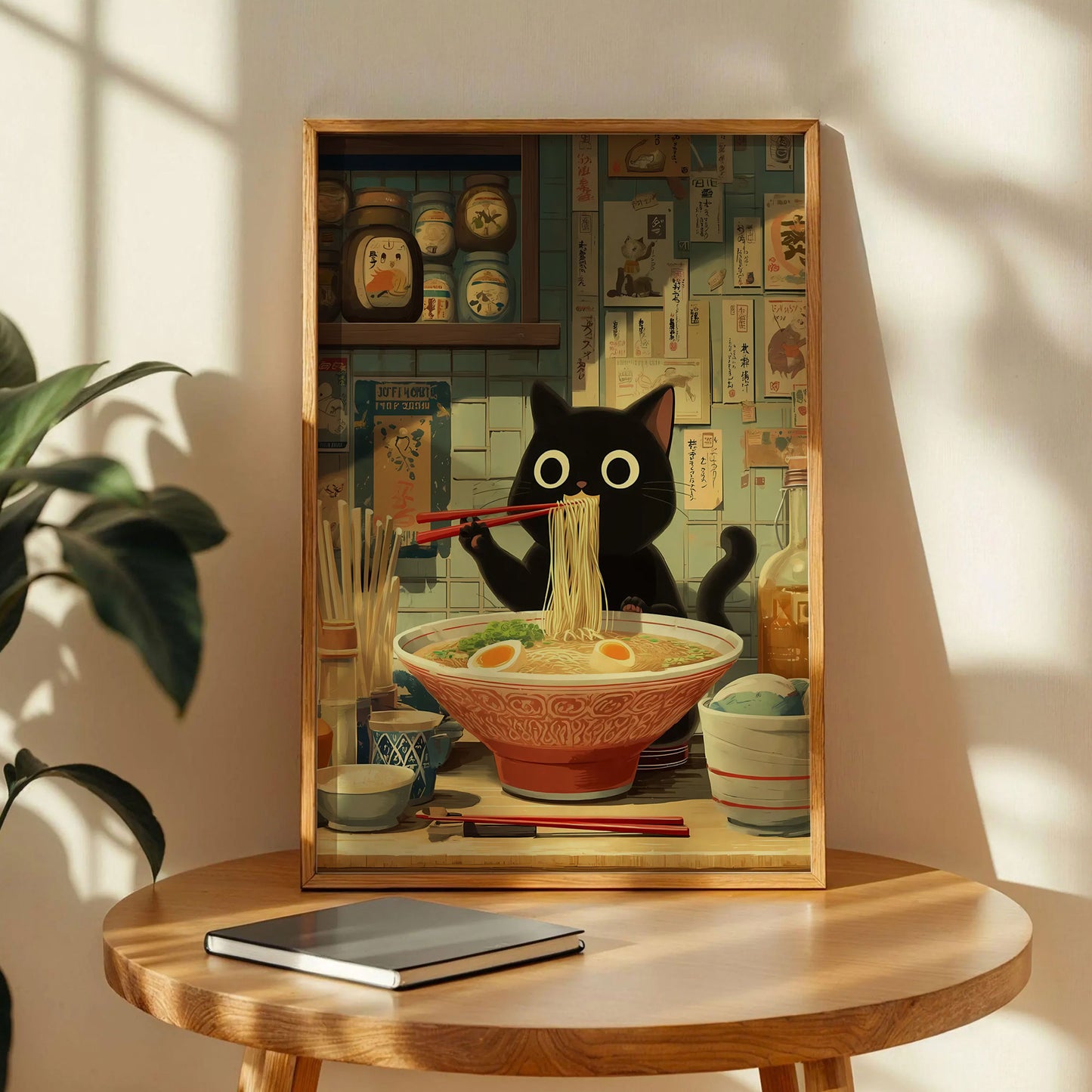 Black Cat Ramen Japanese Art Print