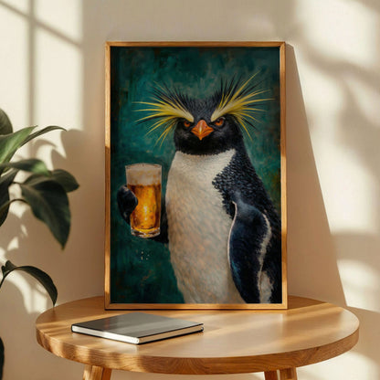 Quirky Penguin Holding Beer Poster