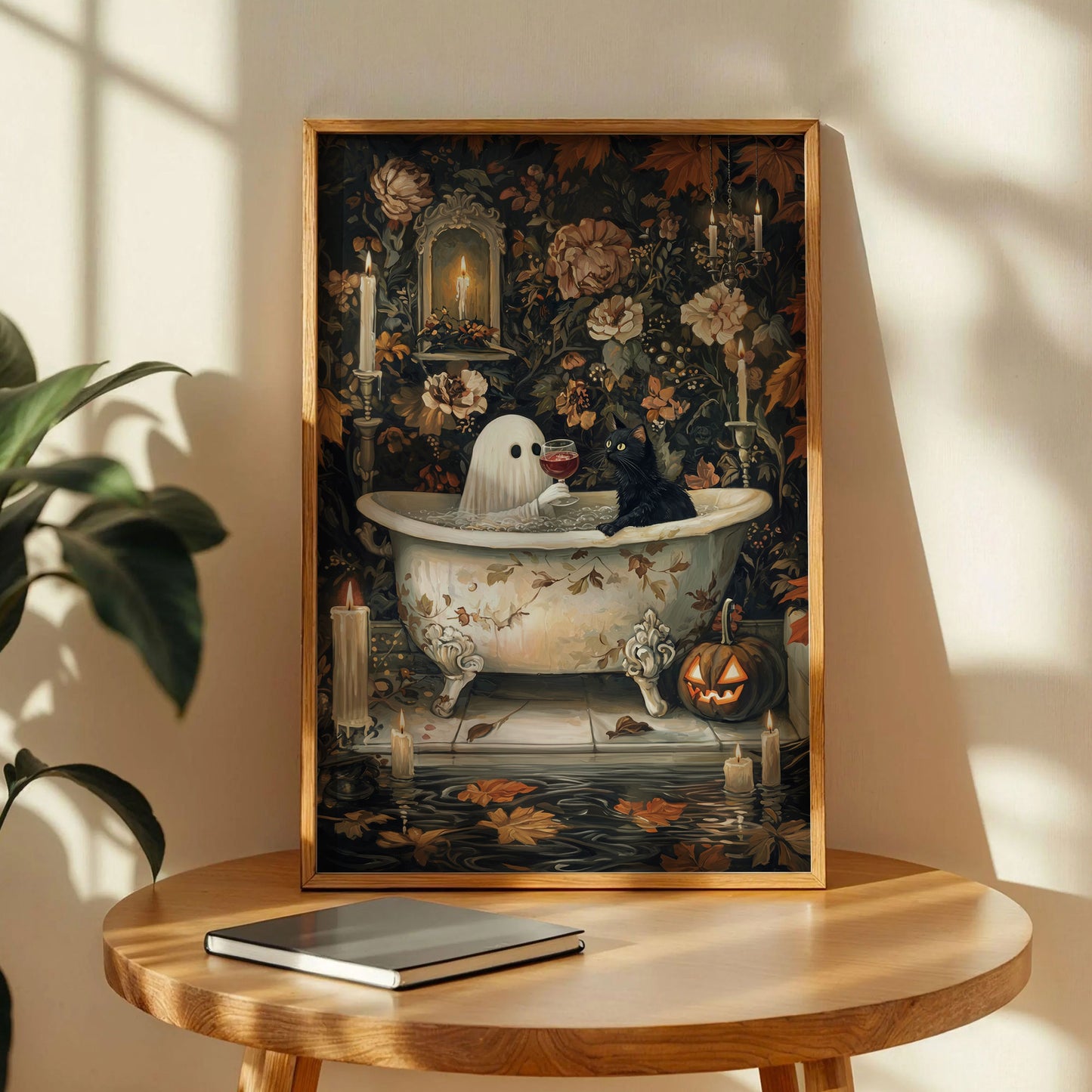 Ghost and Wine with Cat in Bathtub Poster