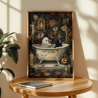 Ghost and Wine with Cat in Bathtub Poster
