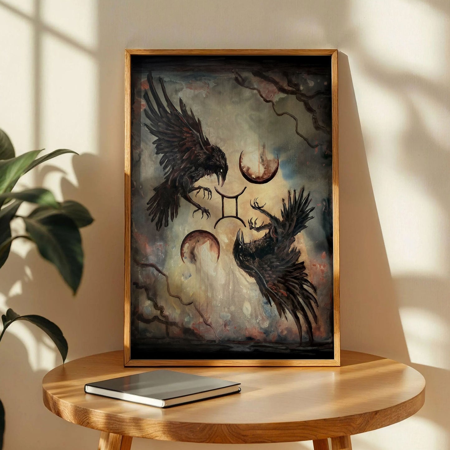 Two Crows Flying with Star Sign Surreal Moons Poster