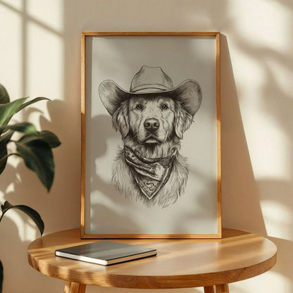 Golden Retriever Cowboy Sketch Print