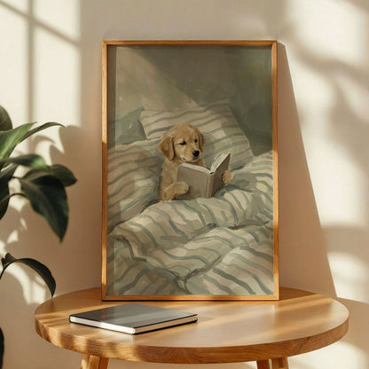 Cute Dog Reading Book in Bed Post