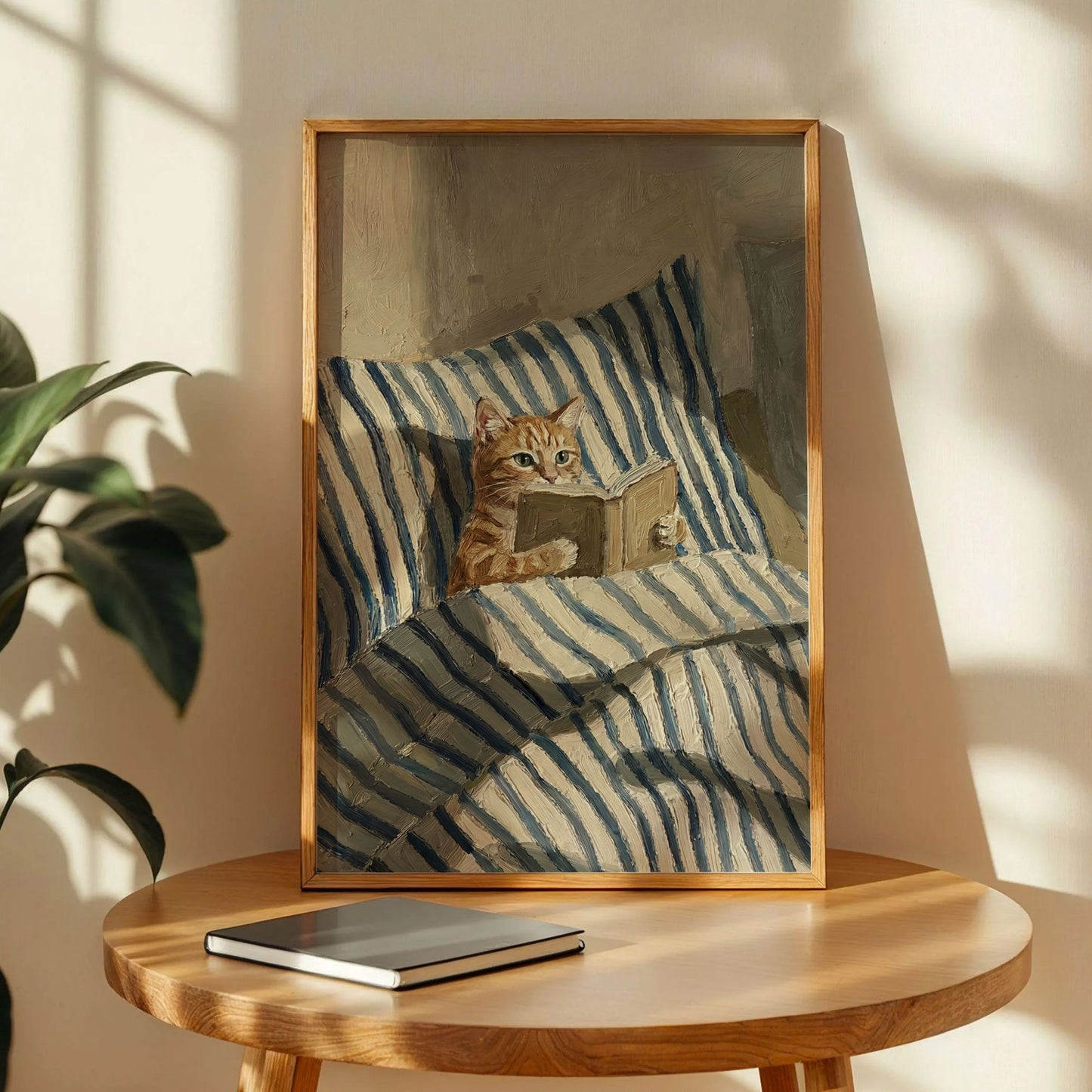 Orange Ginger Cat Reading Book in Bed Poster