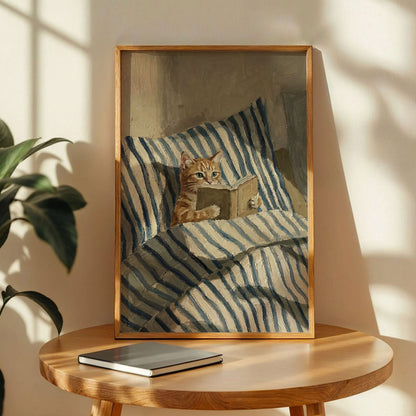 Orange Ginger Cat Reading Book in Bed Poster