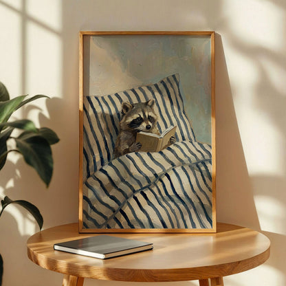 Raccoon Reading in Bed Poster