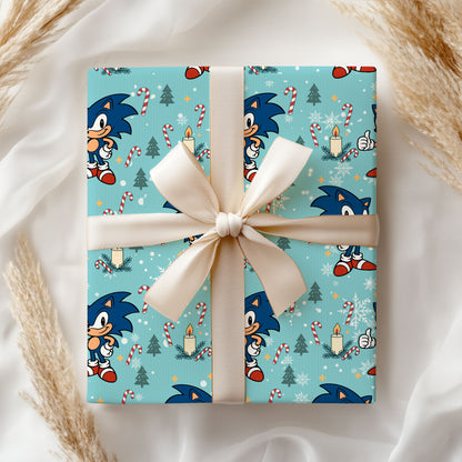 Blue Hedgehog Xmas Holiday Gift Wrap Roll