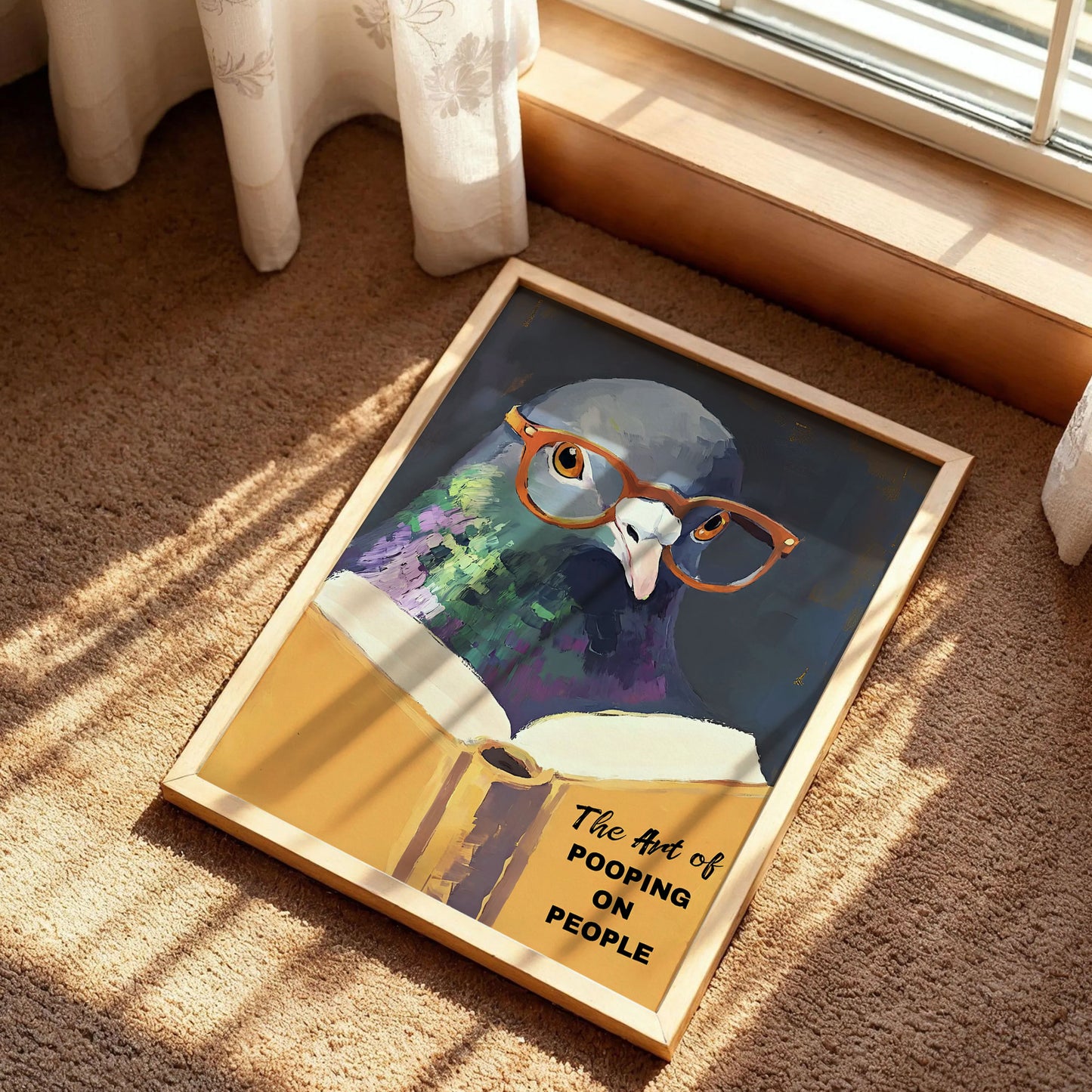 Humorous Pigeon Reading The Art of Pooping on People Poster
