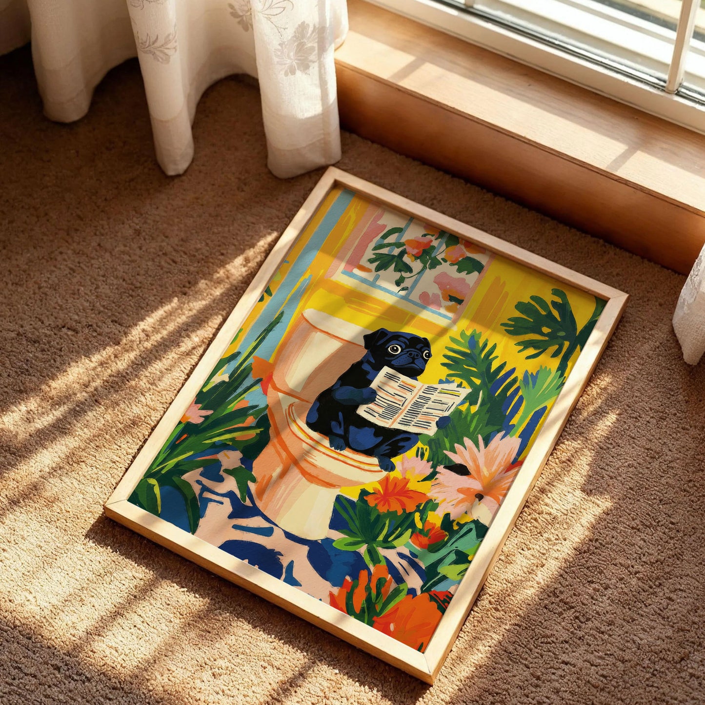 Black Pug On a Toilet Print