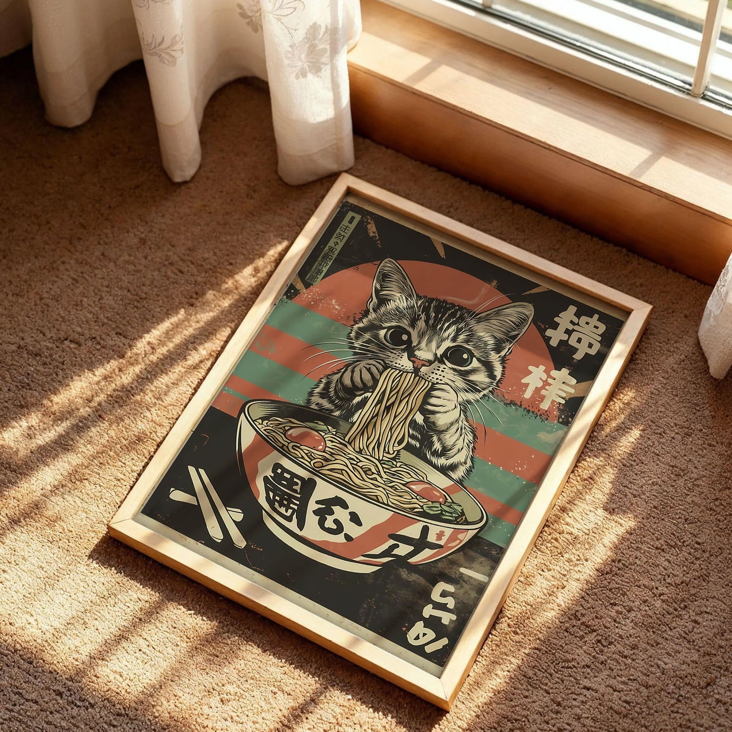 Black Cat Eating Noodles Poster