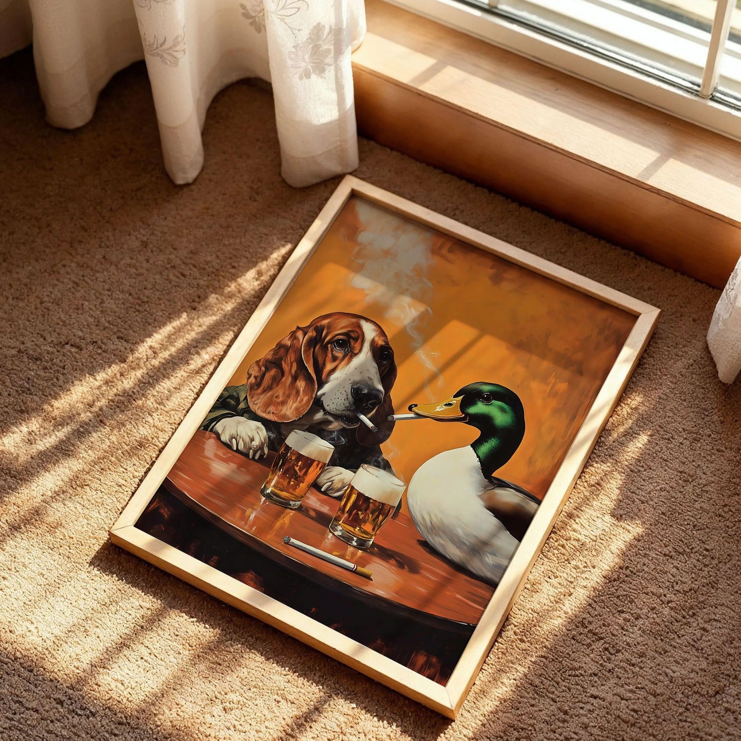 Basset Hound and Mallard Duck Smoking Cigarettes Art