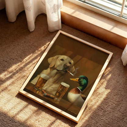 A Labrador Retriever and a Mallard Duck Poster