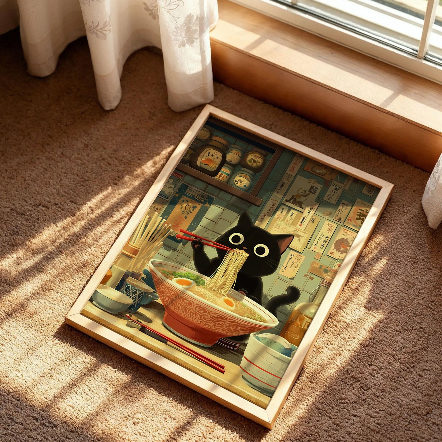 Black Cat Ramen Japanese Art Print