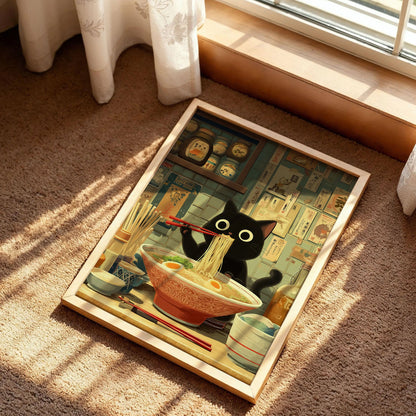 Black Cat Ramen Japanese Art Print