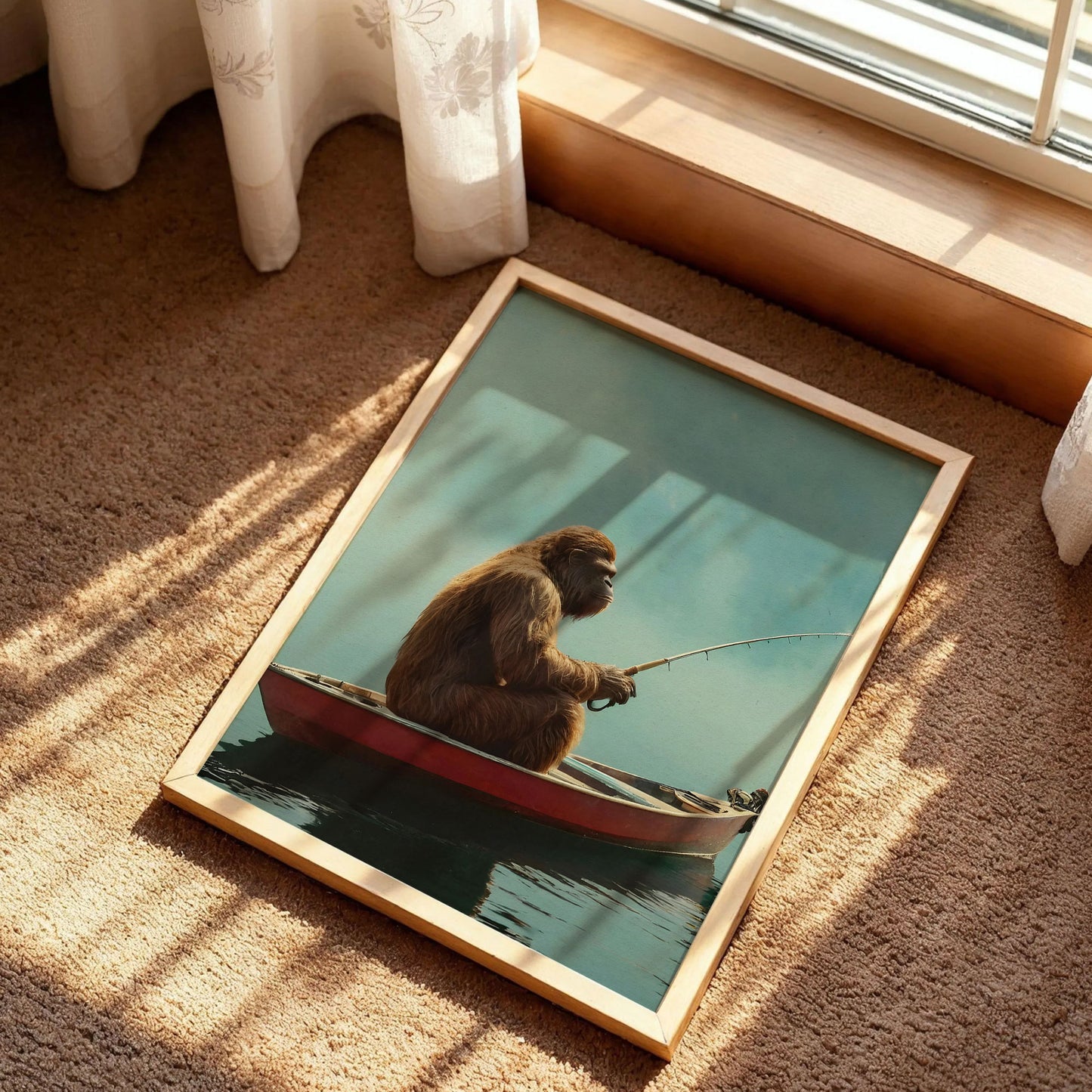 Funny Bigfoot Fishing in Canoe Print Art